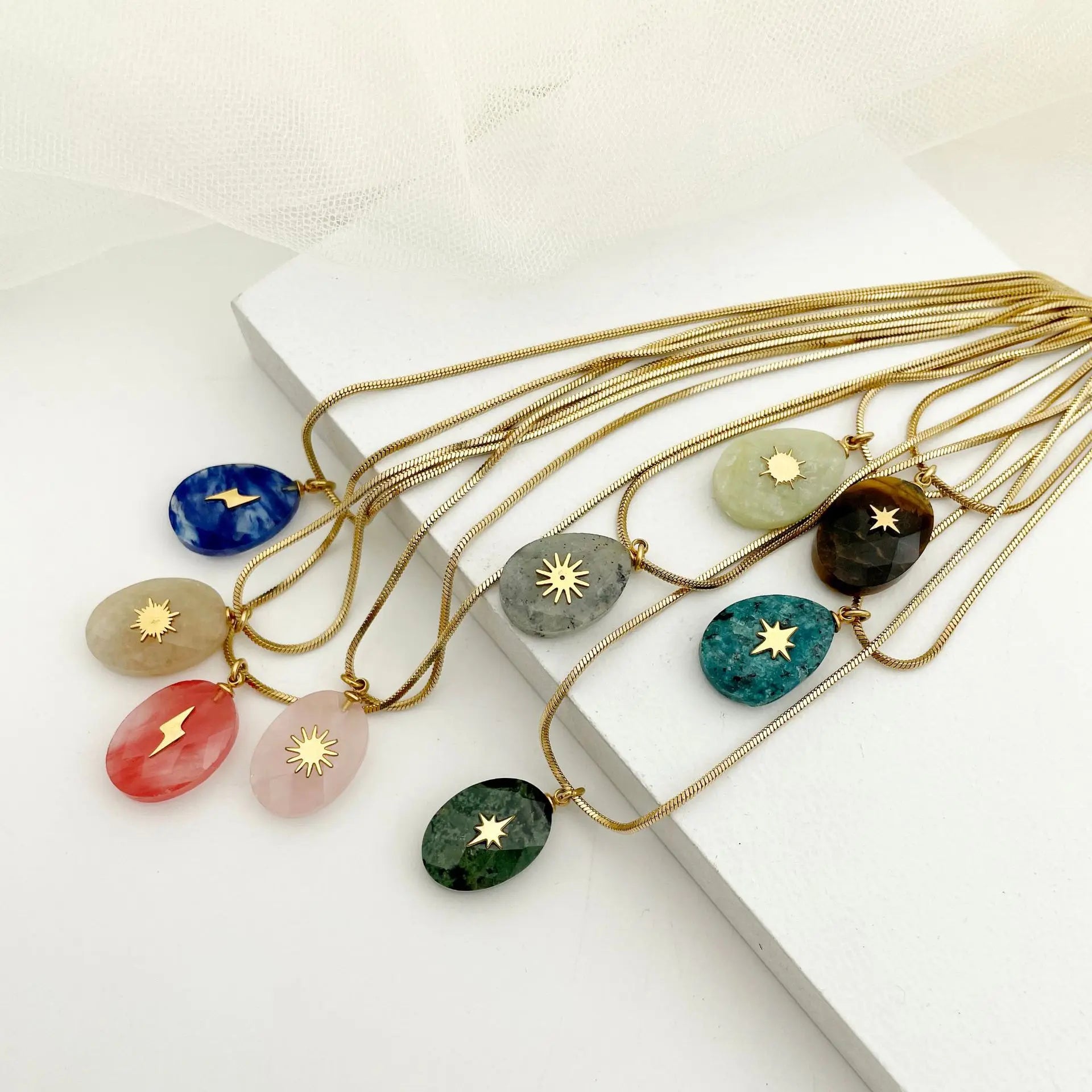 Vintage Stainless Steel Chain Plated 14K Gold Multiple Natural Stone Locket Collar Bone Women Necklace Jewelry
