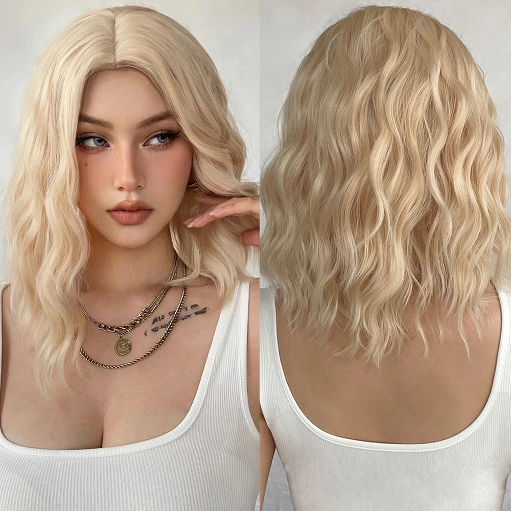 Factory Fast Delivery Blonde Short Bobo Synthetic Wavy Wigs Platinum Shoulder Length Wigs for Women Natural Cosplay Hair