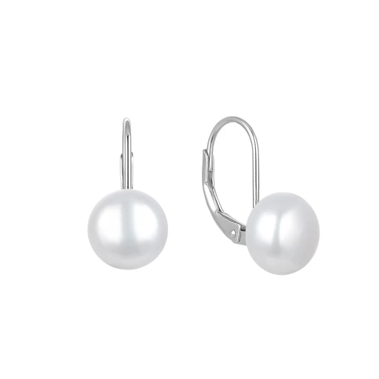 925 Silver Leverback Pearl Earrings 6-10mm Size Options Freshwater Cultured Pearls Push Back Closure Classic Jewelry
