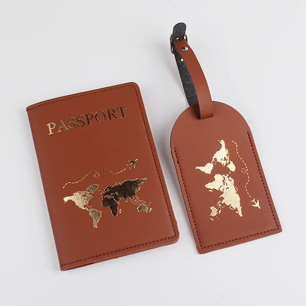 Bogia Wholesale and Customized World Map Gold Stamping Passport Cover and Luggage Tag Set for Man and Lady