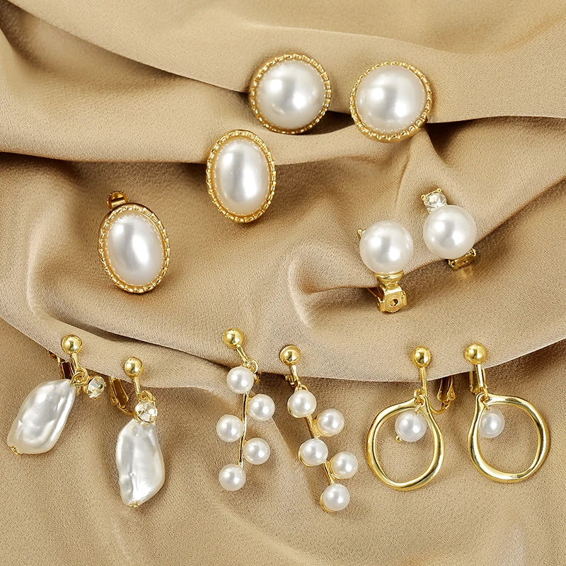 Vintage High Quality Oval Round Leaf Shaped Dangle Cuff Clip-on Baroque Pearl Earring Jewelry for Women