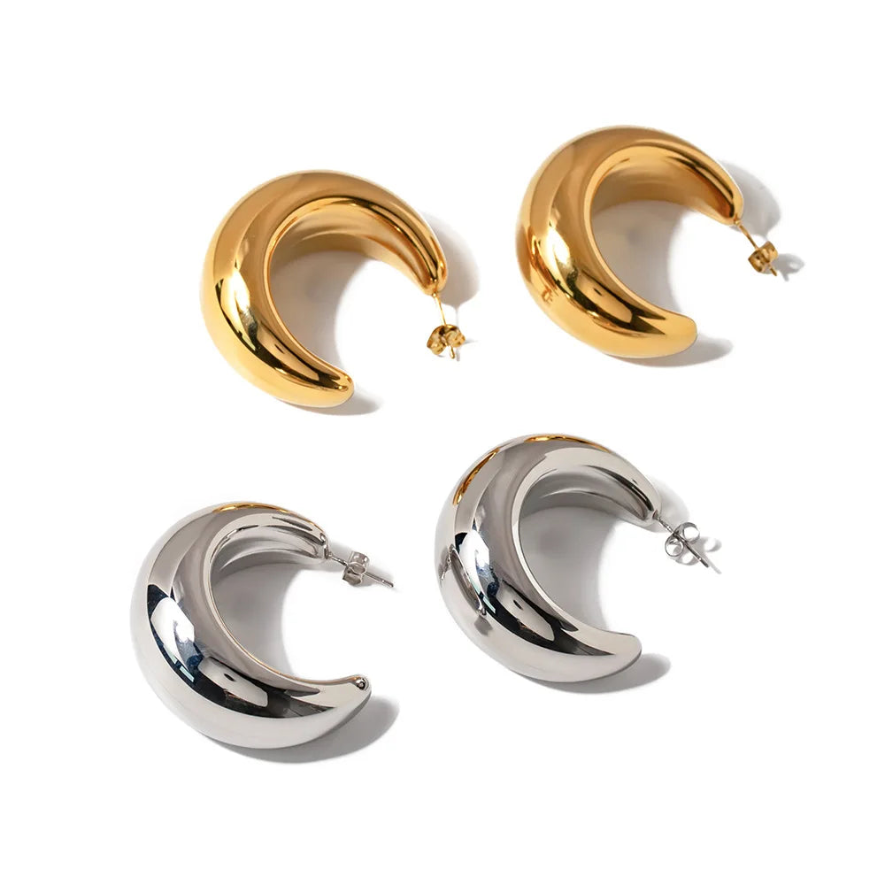 New Style Fashion 18k Gold Plated Stainless Steel Moon Earrings Popular Fashion Jewelry Designer Stud CC Hoop Earrings Women