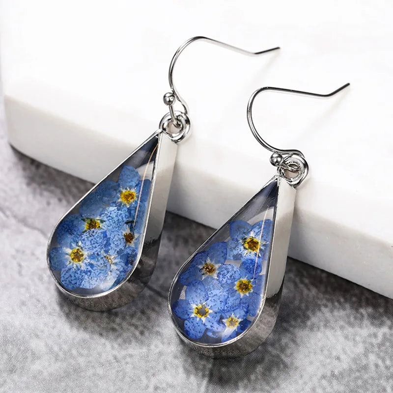 Women's Geometric Pressed Flower Water Drop Shape Earrings Creative Teardrop Design Fashion Drop Jewelry