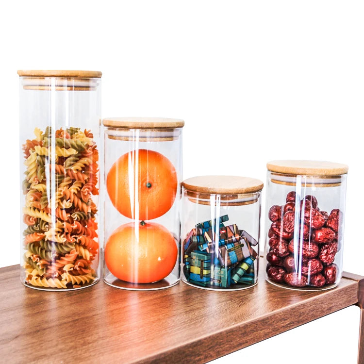 Clear Glass Jars with Bamboo Lid Cheap Body Vial Food Container for Honey Spice Sugar Coffee Food Storage Wholesale CNLF