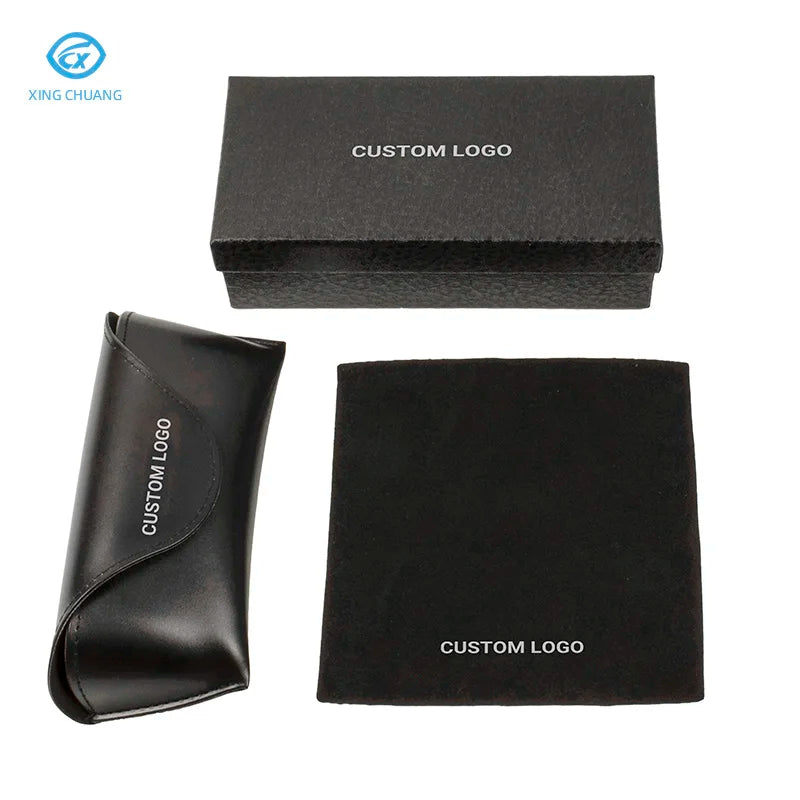 Premium PU Sunglasses Pouch Black Eyeglasses Packaging Case Custom Logo Spectacle Case Paper Box Microfiber Cloth