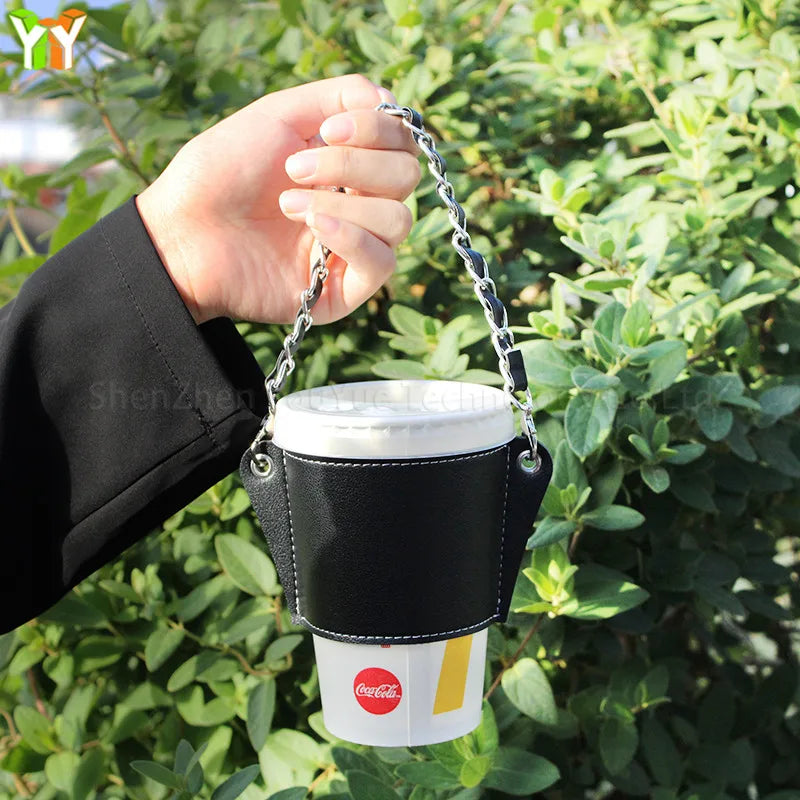 Popular Pu Leather Chain Cup Cover Portable Coffee Cup Sleeve Holder Hot Drink Cup Cover with Chain Handle