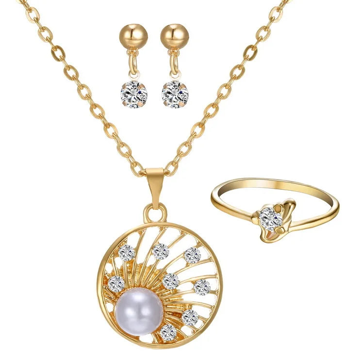 Fashion Wedding Jewelry Sets Alloy Gold Plated Pearl Jewelry Set Rhinestone Diamond Bridal Earrings and Necklace Set