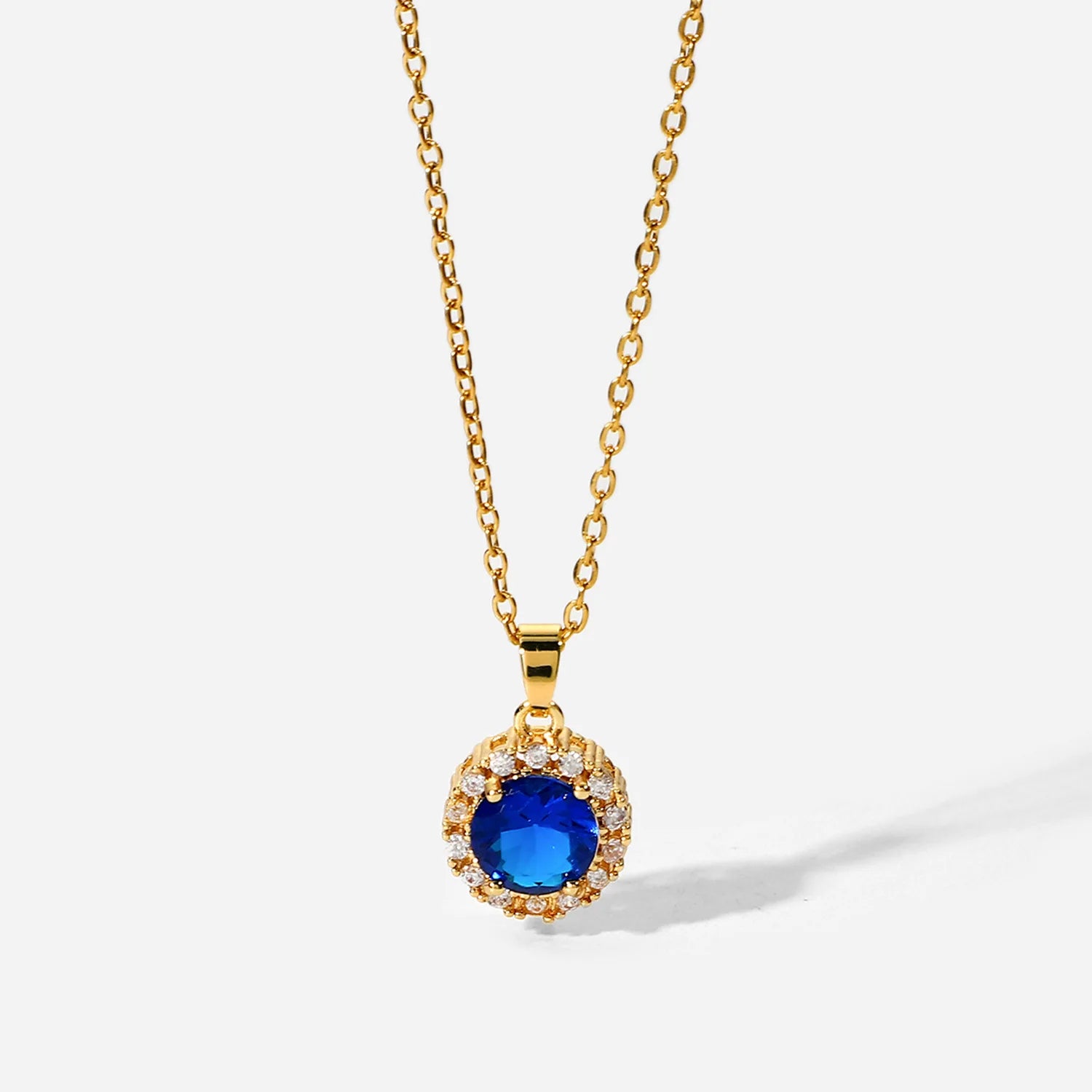 Blue Round Cubic Zircon Pendant 18K Gold Plated Necklaces Klein Jewelry Stainless Steel Necklace