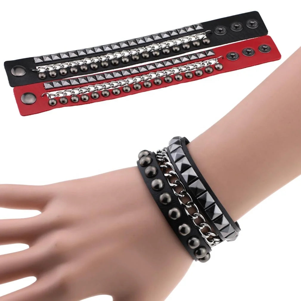 Rivet Spikes PU Leather Wrap Wristband Punk Gothic Bangle Snap Button Bracelet