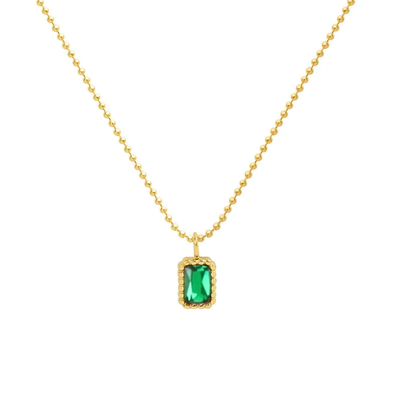 Popular Square Green Necklace Stainless Steel Round Bead Chain Cubic Zirconia Emerald Pendant Necklace