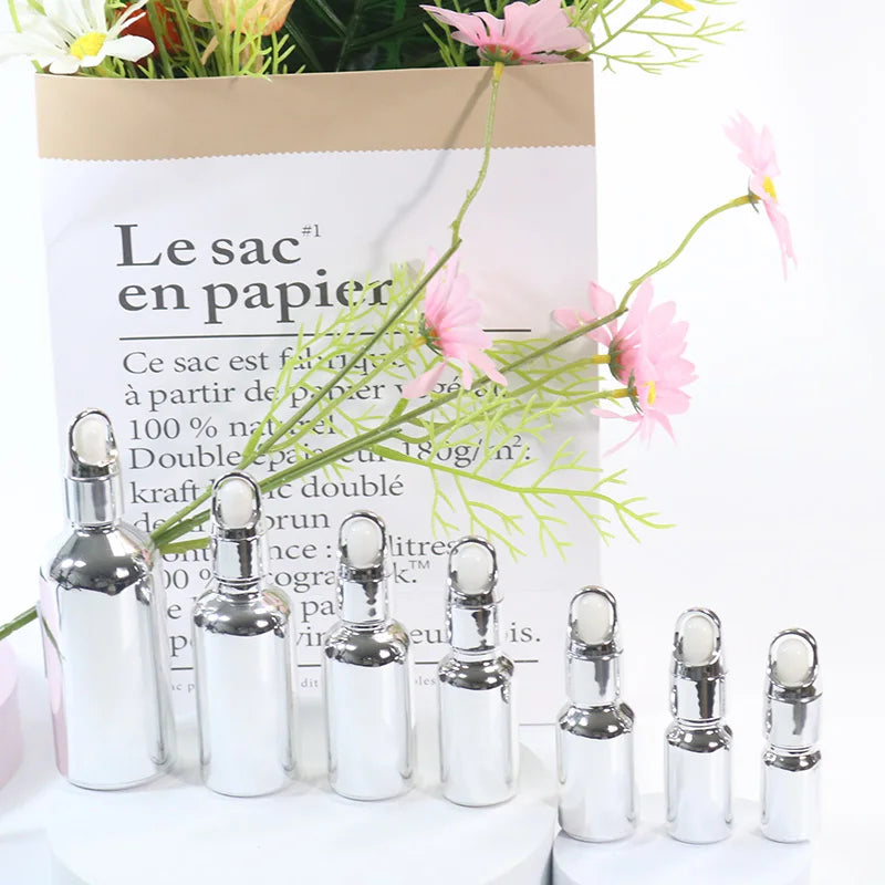High-End 30ml Glass Dropper Bottle Silver Metallic Electroplating Essential Oils Skin Care 5ml 10ml 15ml 20ml 50ml 100ml