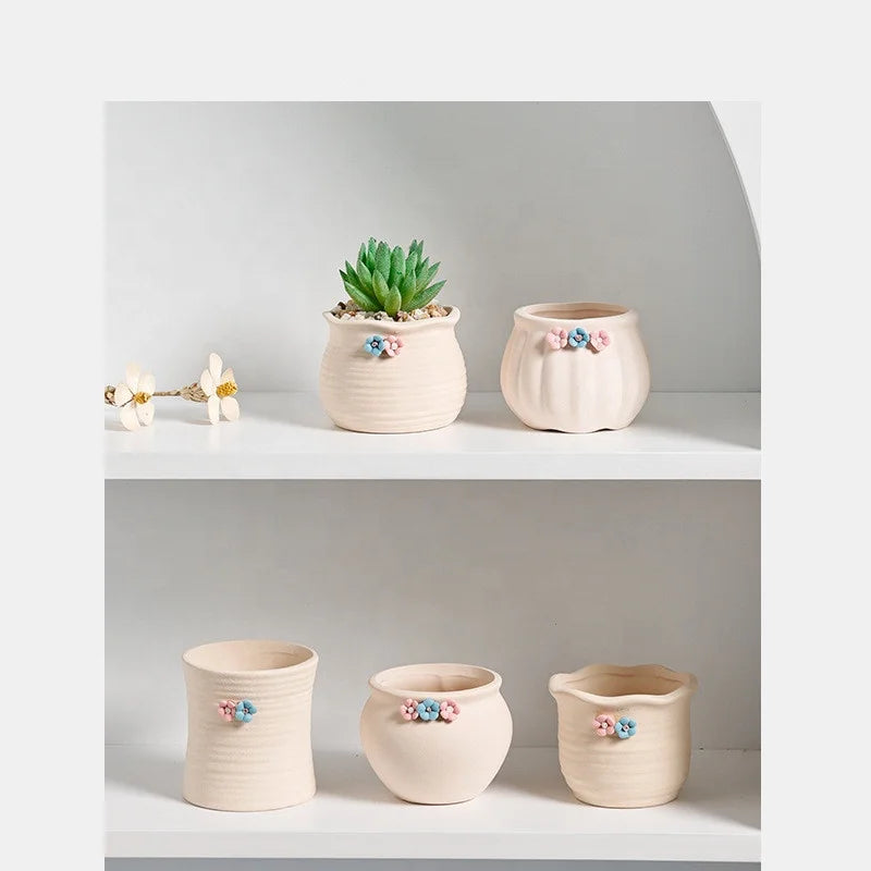 Relief Flower Beige Matt Ceramic Succulent Pot With Drainage Hole Garden Planter Exquisite Home Decoration