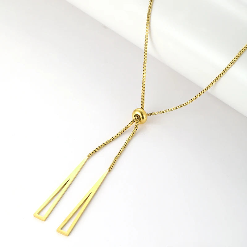 IVANDA Fashion Stainless Steel 18K Gold Plated Strand Triangular Long Tassel Pull Chain Geometry Adjustable Pendant Necklace