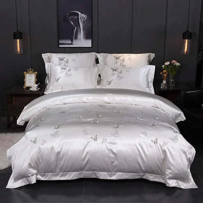 High-end 100% Cotton Gray Animal Embroidery 300tc Queen King Bed Sheets Duvet Cover Customizable All-Season Home Textile Bedding MegaBDM