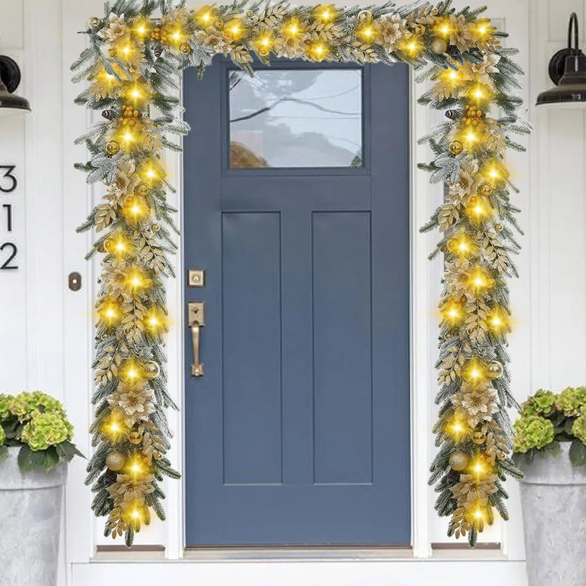 Hot Selling New Christmas Door Hanging Window Display Decoration with Snowy Plush Flower Ball Luminescent Rattan