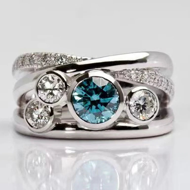 Huitan ODM Wholesale Noble Round White/Blue Crystal Cubic Zirconia Rings for Women/Men Party Silver Plated Fashion Jewelry Rings
