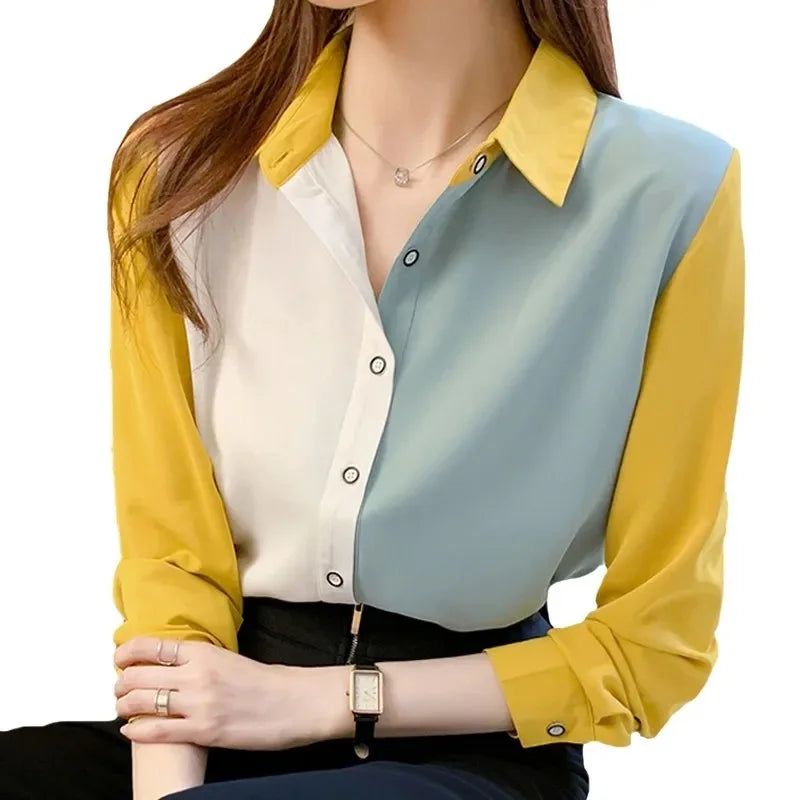 Women's S-5X New Spring Autumn Korean Fashion Color-blocking Shirts Long-sleeved Bottoming Loose Chiffon Shirts Elegant Clothing