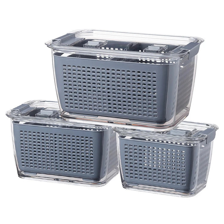 3PCS Set Fruit and Vegetable Drain Basket Preservation Box Refrigerator Organizer Bin Plastic Stackable Fridge Storage Container