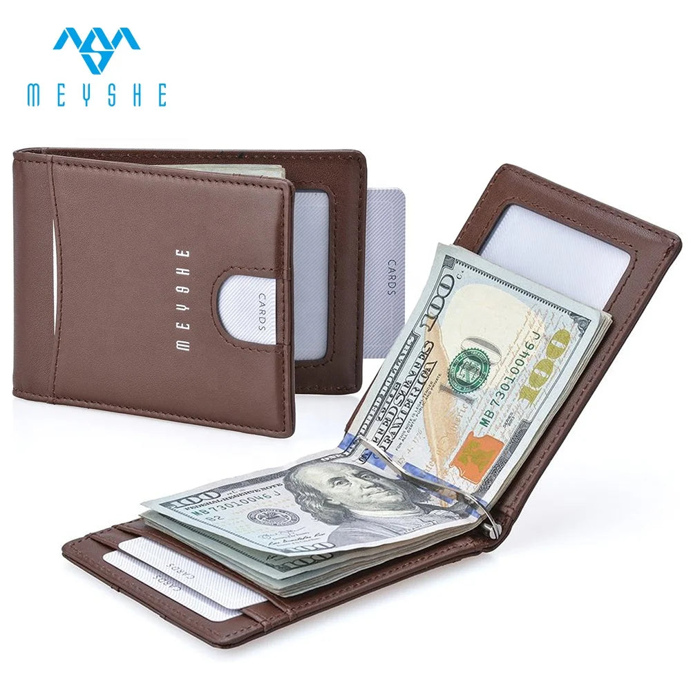 Full Grain Genuine Leather Slim Money Clip Wallet with Pop-Up ID Card Holder RFID Blocking & Anti-Theft Features Unisex Design