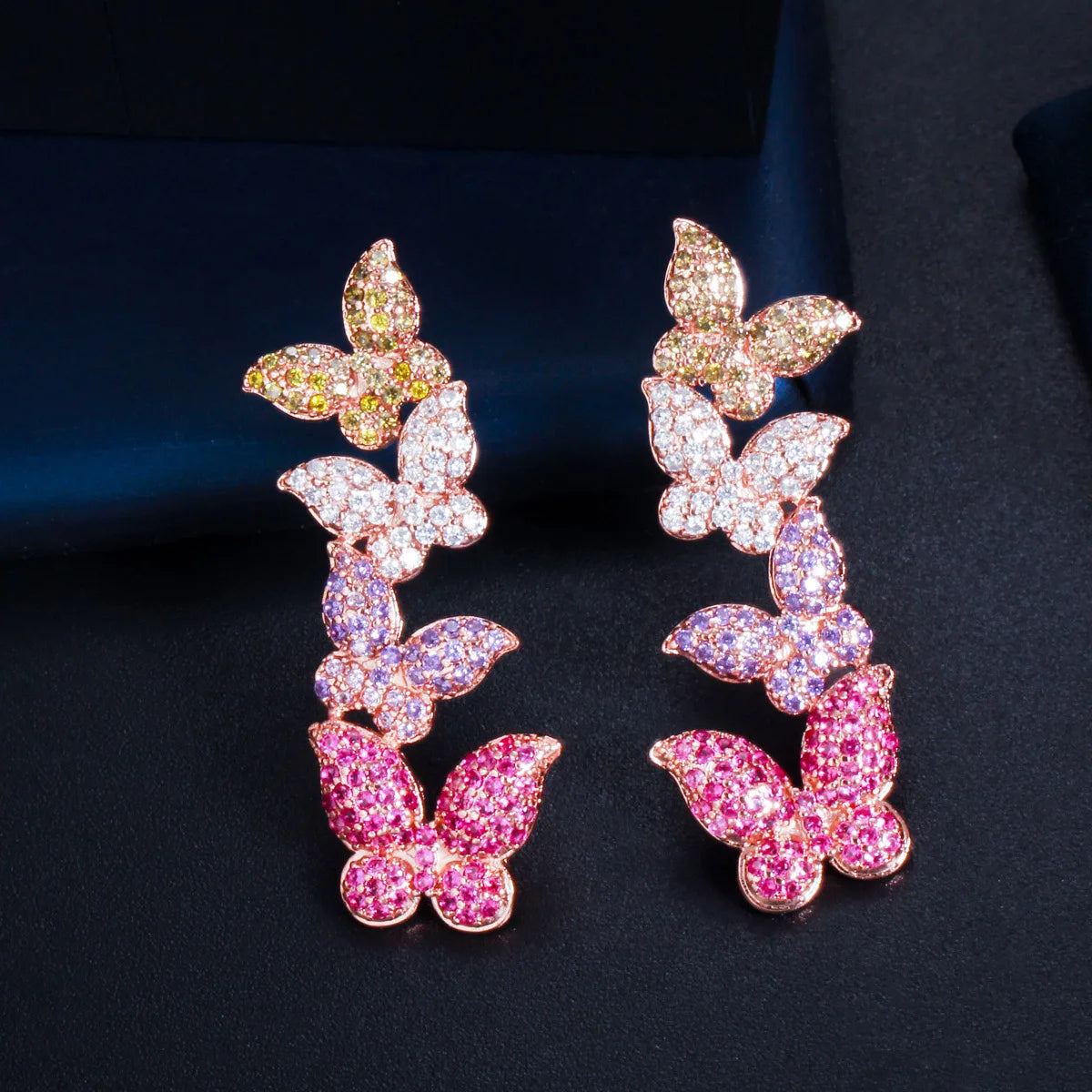 Beautiful Micro Paved Cubic Zirconia Dangle Purple Red Colorful Full Butterfly Long Drop Earrings for Women Dainty Jewelry