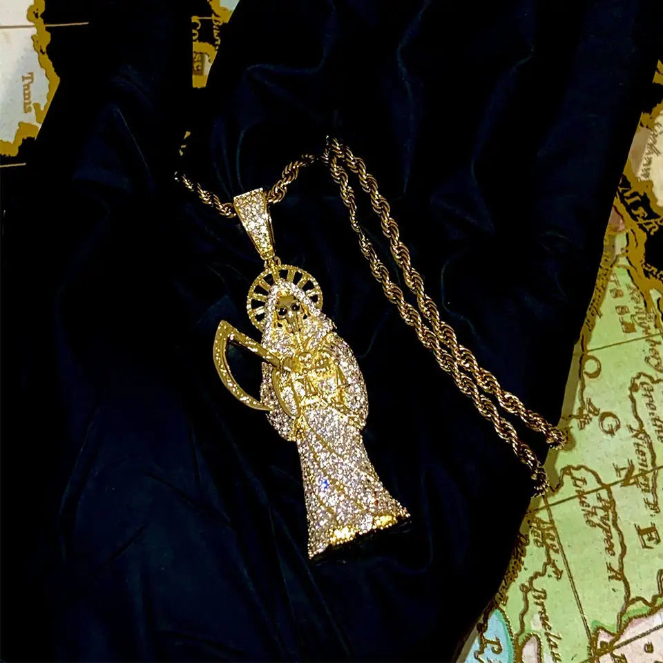 Hiphop Jewelry Custom Grim Reaper 14k Gold Plated Men Religion God Pendant Iced Out Diamond Chain Necklace