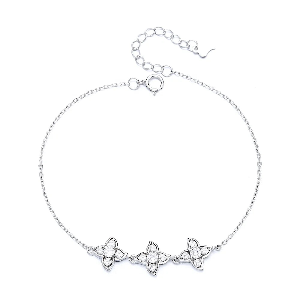 Classic Design 925 Sterling Silver Spring New Design Cz Flower Link Chain Bracelet for Girl