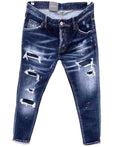 Custom Men's Straight Fit Dark Wash Denim Pants Destroyed Details Abrasion Patches Five Pocket Button Fly Grunge Style Denim