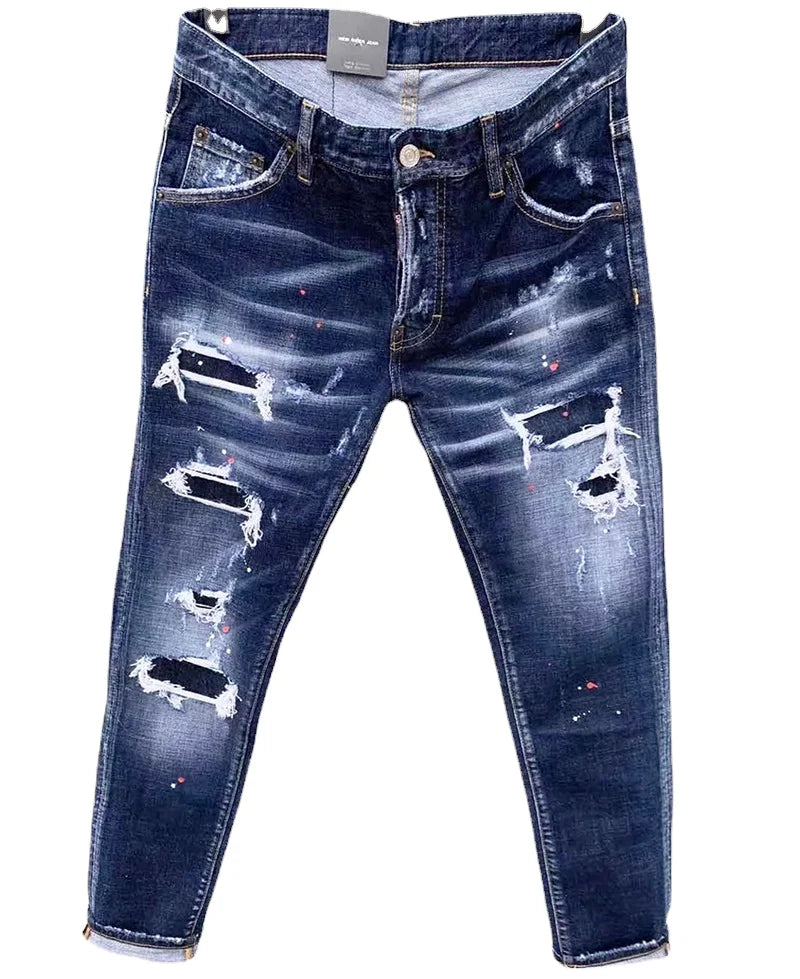 Custom Men's Straight Fit Dark Wash Denim Pants Destroyed Details Abrasion Patches Five Pocket Button Fly Grunge Style Denim