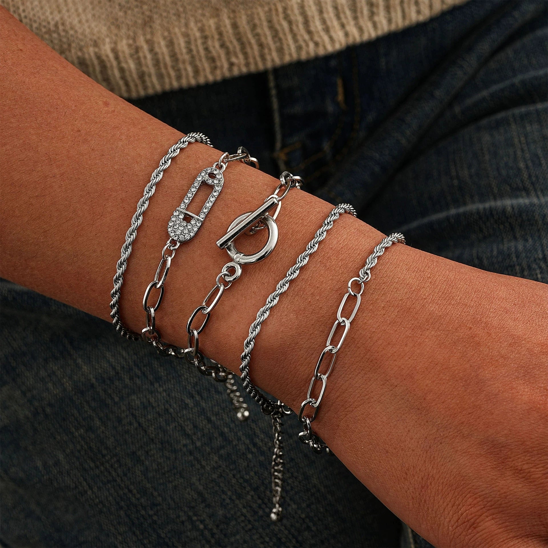 Go Party 5Pcs/Set Twisted Chain Geometric Bracelet Bangle Diamond Crystal Pin Charm Bracelets Punk Paperclip OT Buckle Jewelry