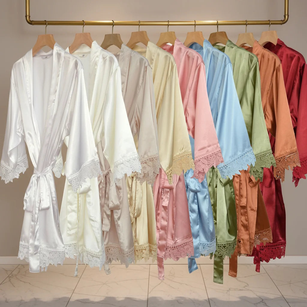16 Colors High Quality Silk Satin Kimono Wedding Birthday Party Spa Robe Lace Trim Plus Size Bride Bridesmaid Girl Morning Gown
