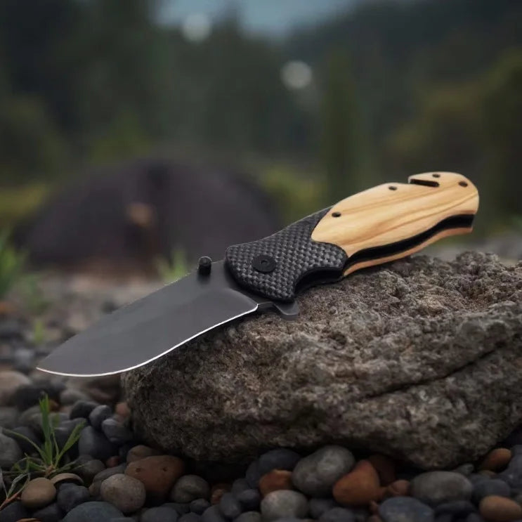 X50 Engraved Olive Wood Handle Stainless Steel Blade OEM Folding Tactical Survival Pocket Knife