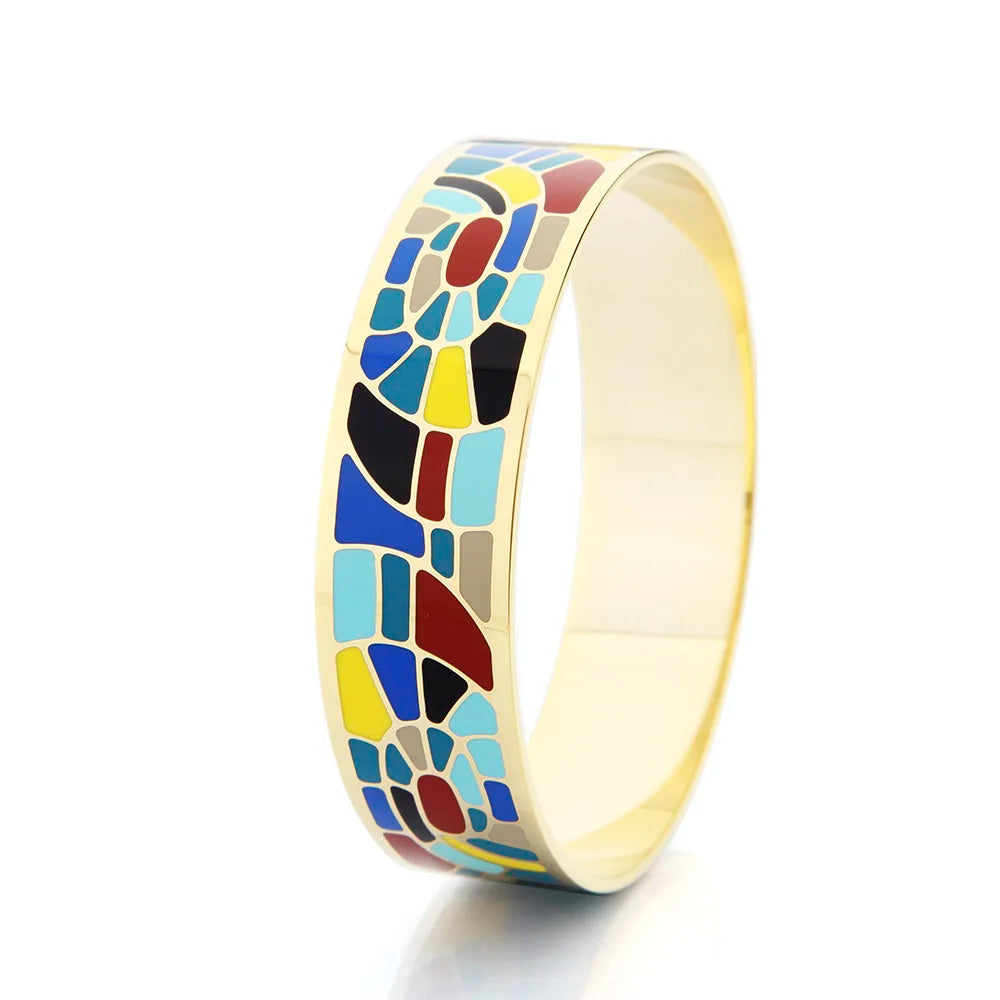 OEM 18mm Wide Gold-Plated Brass Enamel Bracelets & Bangles Vintage Drip Oil Colorful Geometric Pattern Party Jewelry Gift