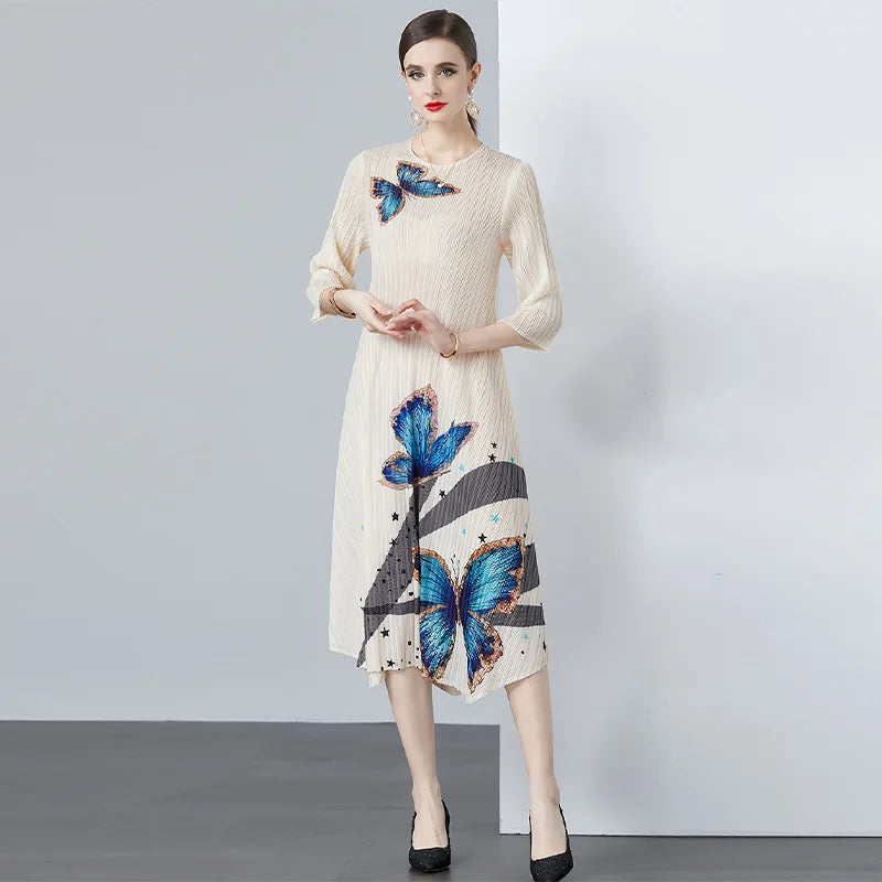 Miyake Pleated Chiffon Women's Dress Crew Neck Tassels Natural Waist 2024 Spring Summer New Temperament Fashion High End Simple