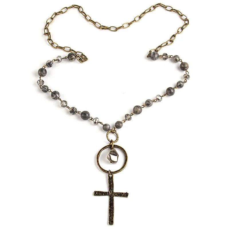 Beautiful Vintage Jewelry Natural Map Stone Crystal Glass Bead Rosary Chain Necklace Circle Drop Charm Cross Pendant Necklaces