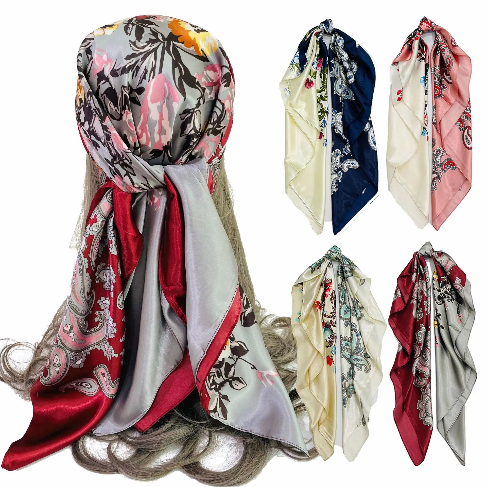 Women 90x90cm Silk Scarf  Luxury Brand Square Scarf Female Printed Head Hijab Satin Scarf Foulard Bandana