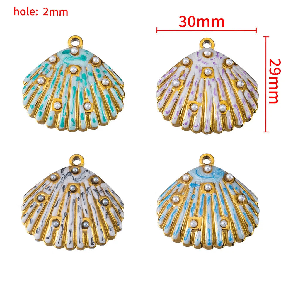 Waterproof PVD 18K Gold Stainless Steel Sea Shell Pearl Necklace Enamel Big Charm Pendants
