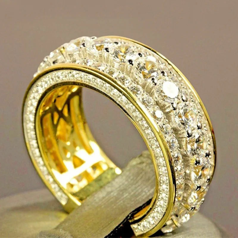Huitan Women Men Eternity Band Fashionable Rings Jewelry 18K Gold Plated Cubic Zircon Engagement Rings