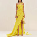 Elegant Brand Custom One-Shoulder Chiffon Long Dress Slim Slit A-Line Party Gown with Spliced Fungus Floor-Length for Spring