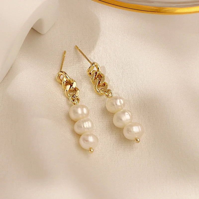 Luxury S925 Silver Needle Baroque Pearl Dangle Earrings Chain  18K Gold Link Chain Pearl Drop Earring for Girls