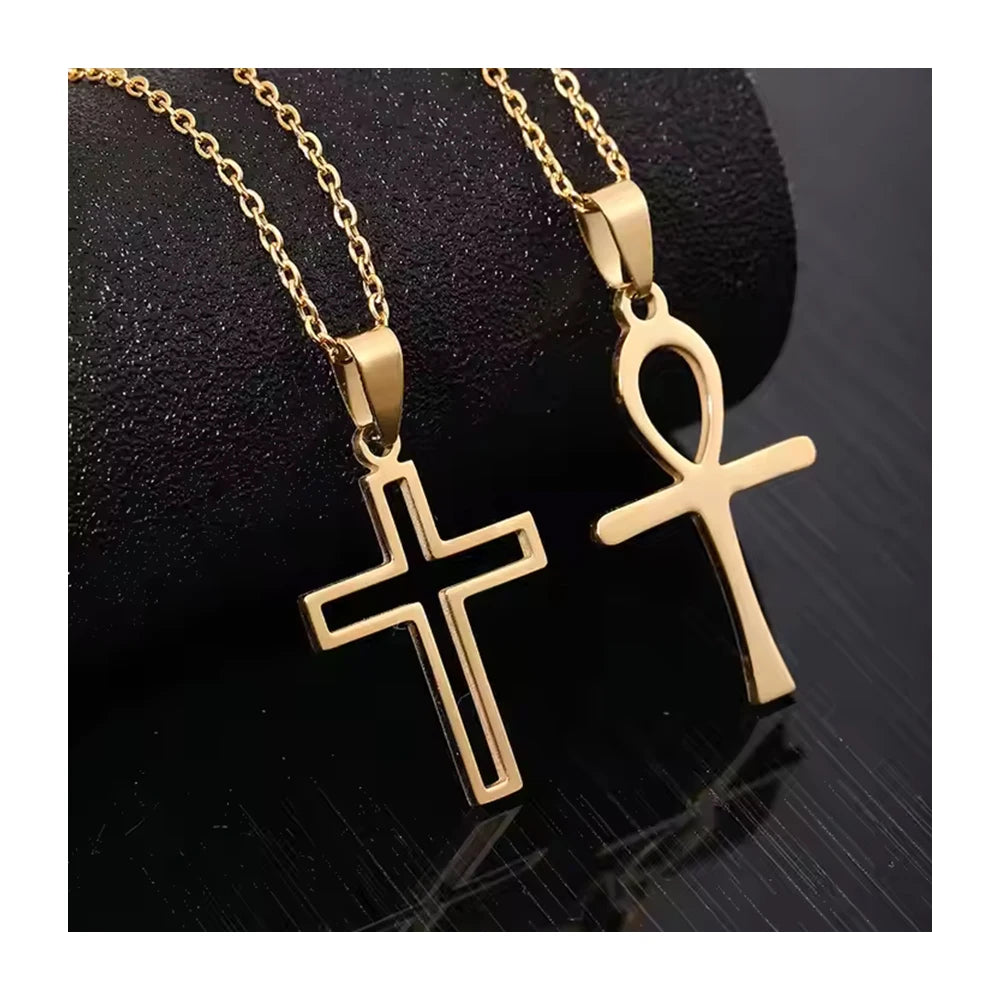 Ancient Egypt Necklace Pendant Charms Gold Non Tarnish Religious Stainless Steel Cross Necklace for Women