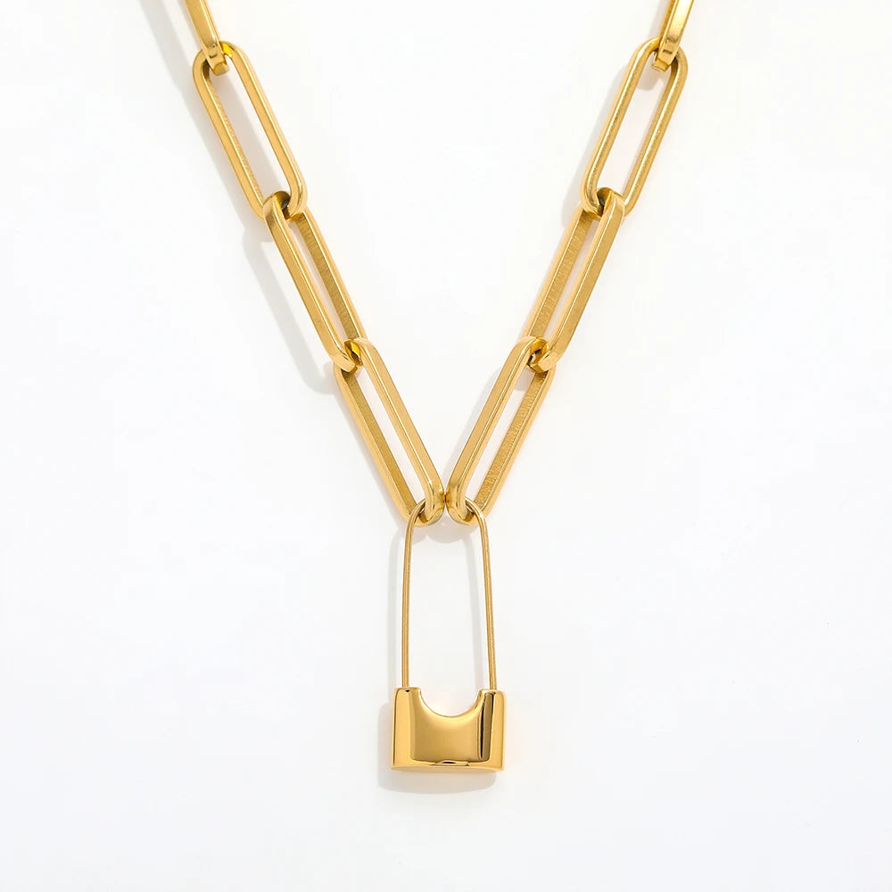 Joolim Jewelry  Paperlink Padlock  Necklace Stainless Steel Necklace 18K Gold Plated Necklace Trendy Jewelry Wholesale