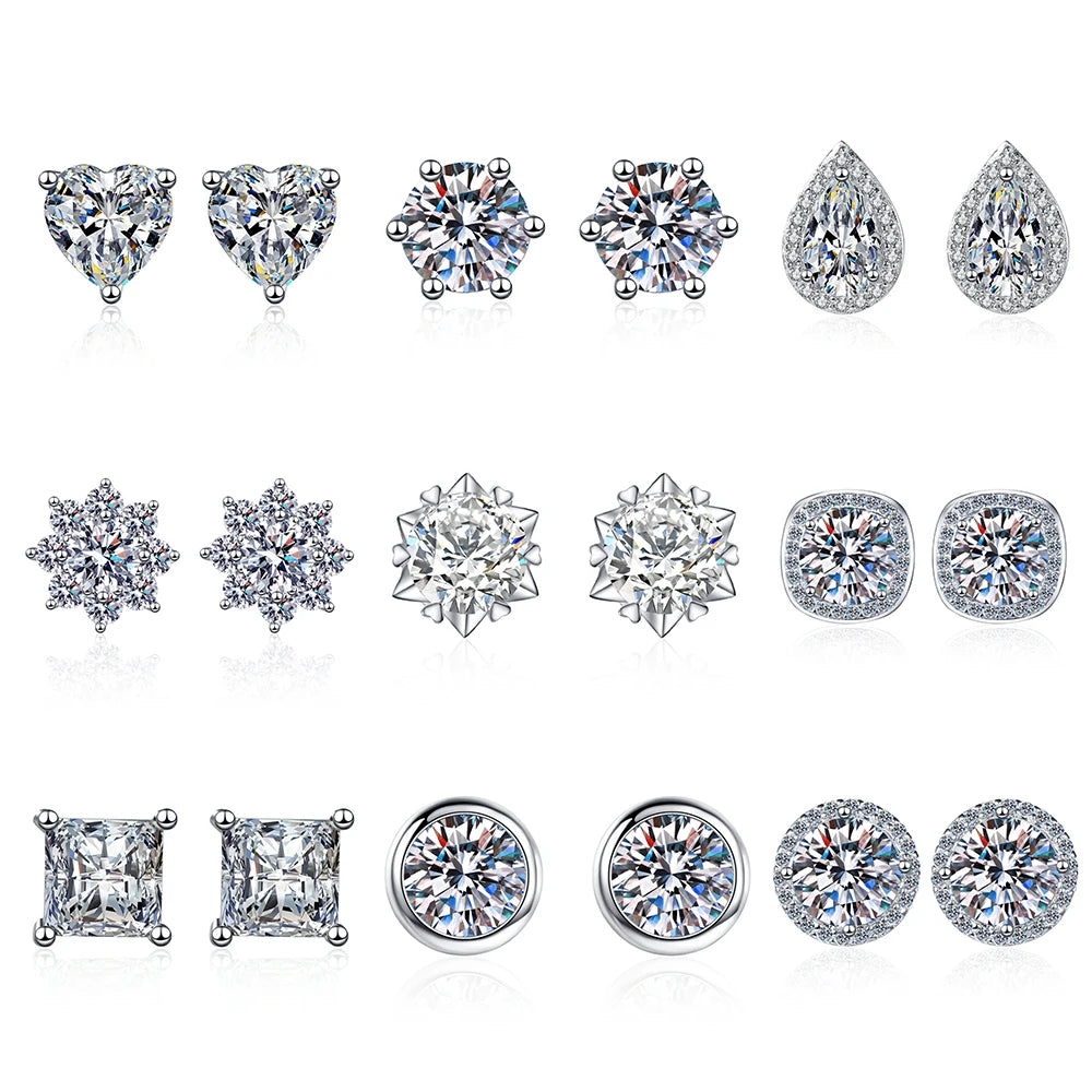 925 Sterling Silver Rhodium Plated Vvs Moissanite Iced Out Square Flower Cluster Heart Shape Stud Earrings Sets Women Jewelry