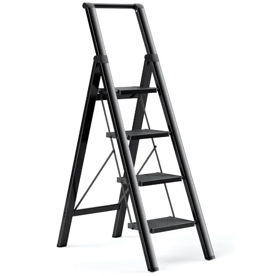 Modern Portable Aluminum 4-Step Folding Ladder Rubber Feet Lightweight Heavy Duty 330lbs Capacity Household Stool for Living