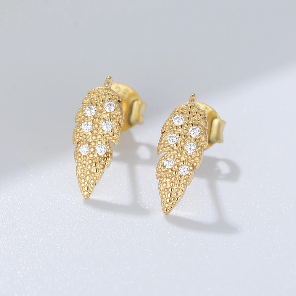 Simple Design 925 Sterling Silver Cubic Zirconia Stud Trend Gold Plated Leaf Earrings Jewelry for Women