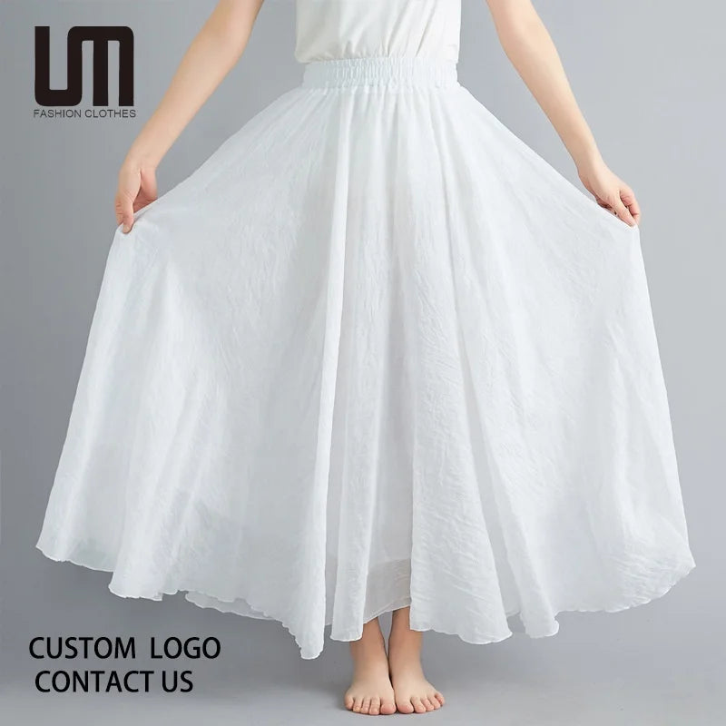 Liu Ming Women's Casual A-Line Long Skirts Breathable Cotton Linen with Natural Elastic Waist Solid Color Hot Products
