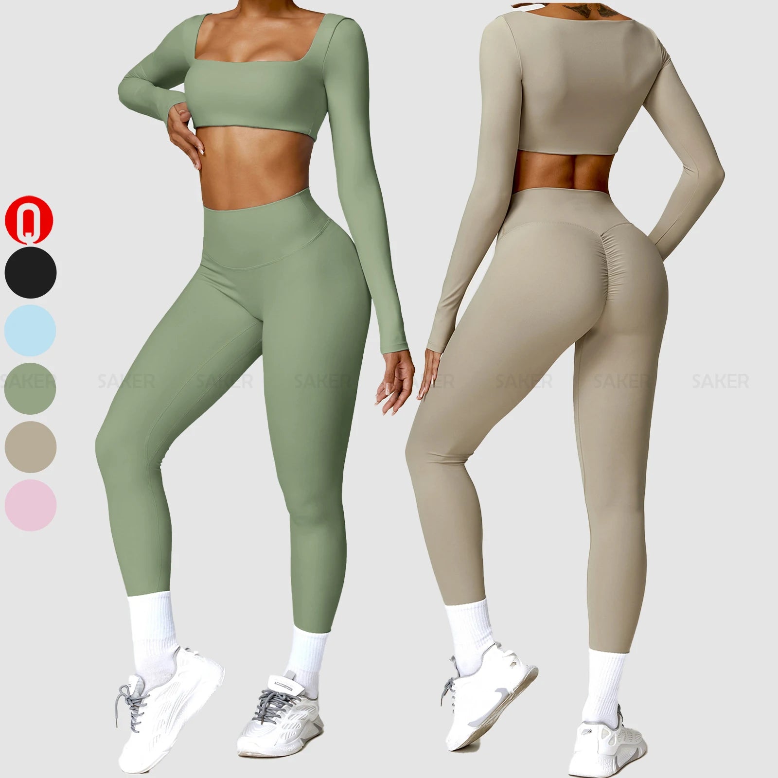 High Quality Outdoor Woman Sports Sets Lightweight Long Sleeve Crop Top Scrunch Butt Leggings Workout Sets for Women