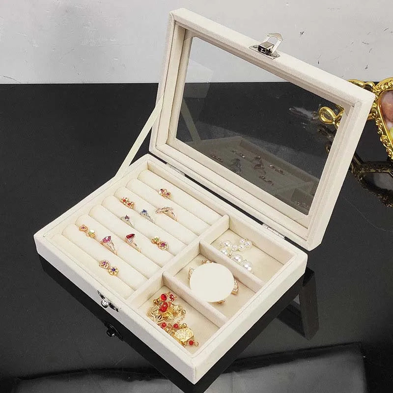 Modern Multifunction Double Tier Jewelry Box Flocking Cloth Transparent Glass Storage Trays Floor Type for Bedroom/Living Room