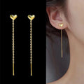 Simple  Titanium Heart Stud Earrings Long Tassel Chain Earrings for Girls Lady Jewelry