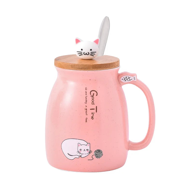 Novelty Cartoon Style Ceramic Mugs With Wooden Lid and Spoon Morning Milk Coffee Cup