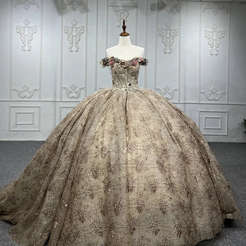 Jancember 7334 Gold Flower Off Shoulder Prom Ball Gown Evening Party Dresses for Women